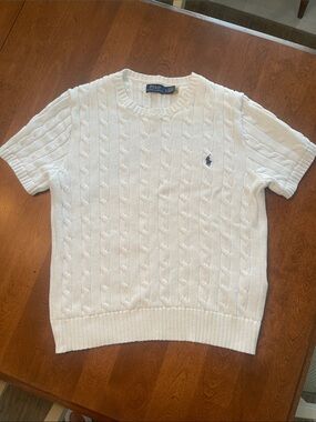 White Polo Ralph Lauren Crew Neck Short Sleeve Cable Cotton Knit Sweater Large